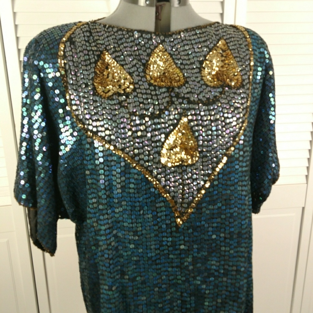SOLD Vintage 100% silk sequin heart blouse 2X - Picture 3 of 8